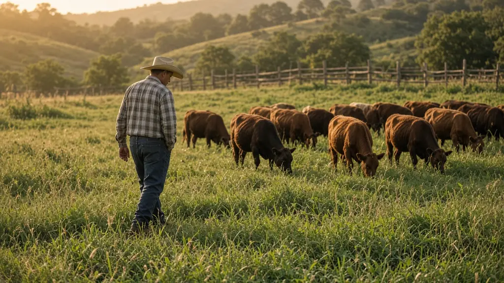 Rancher walking through a green pasture beside grazing cattle.