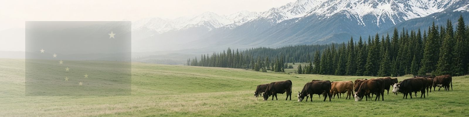 Faded Alaska flag beside cattle grazing a valley pasture below snowcapped mountains.