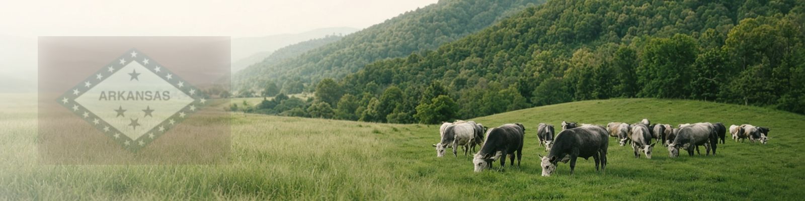 Faded Arkansas flag beside cattle grazing a pasture in an Ozark mountain valley.