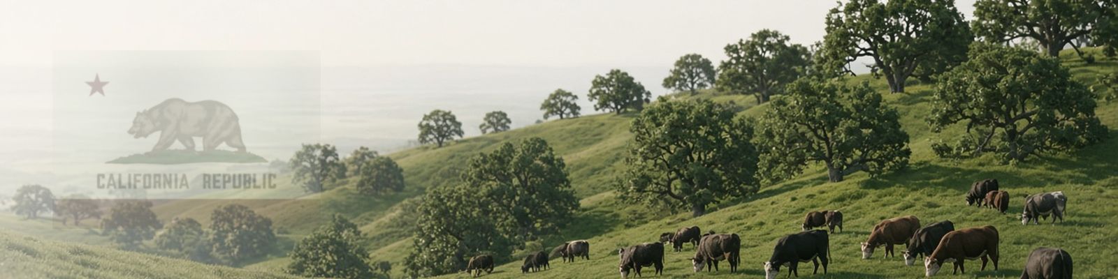 Faded California flag beside cattle grazing green rolling hills dotted with oaks.