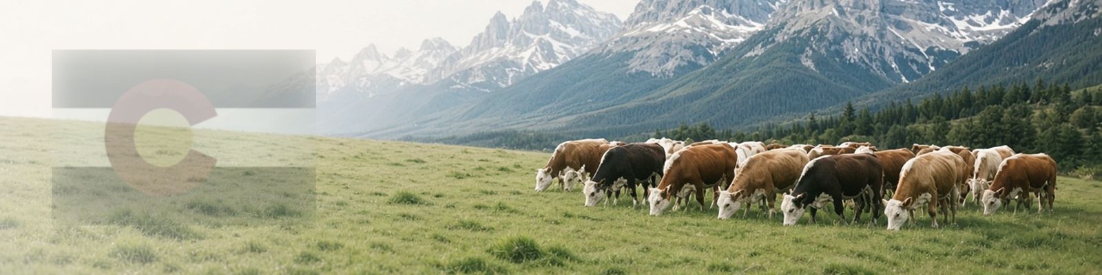Faded Colorado flag beside cattle grazing a mountain meadow below the Rocky Mountains.