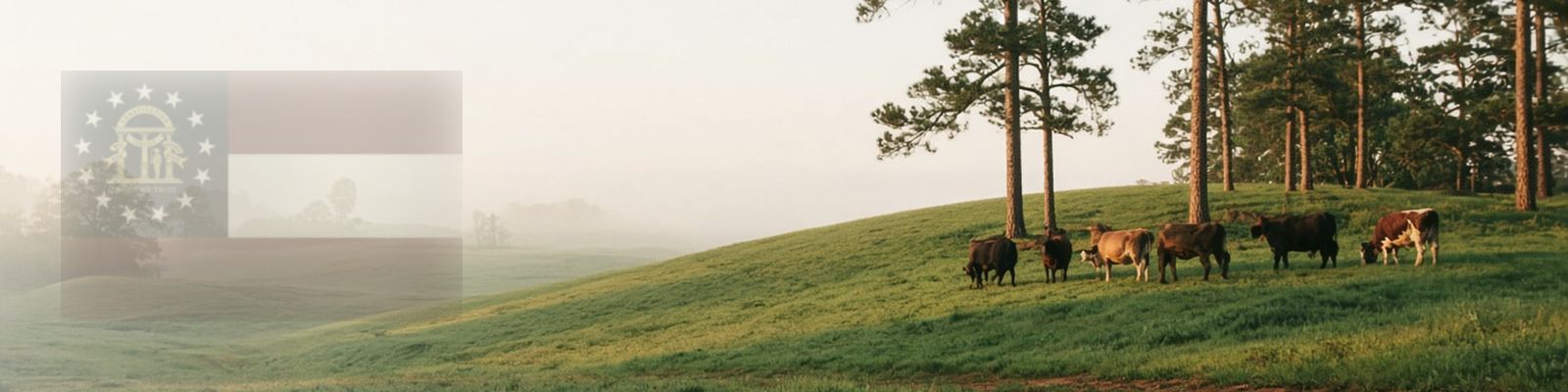 Faded Georgia flag beside cattle grazing a rolling pasture lined with tall pines.