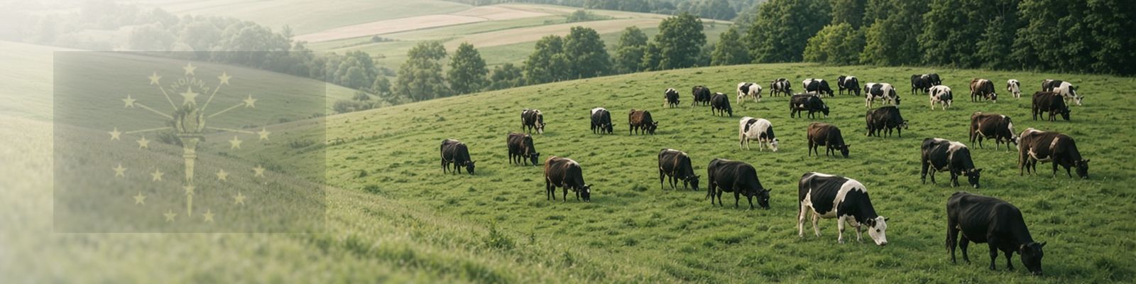 Faded Indiana flag beside cattle grazing a rolling pasture between farm fields.
