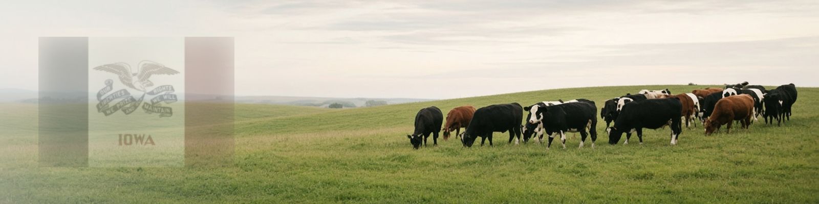 Faded Iowa flag beside cattle grazing a rolling pasture under a big sky.