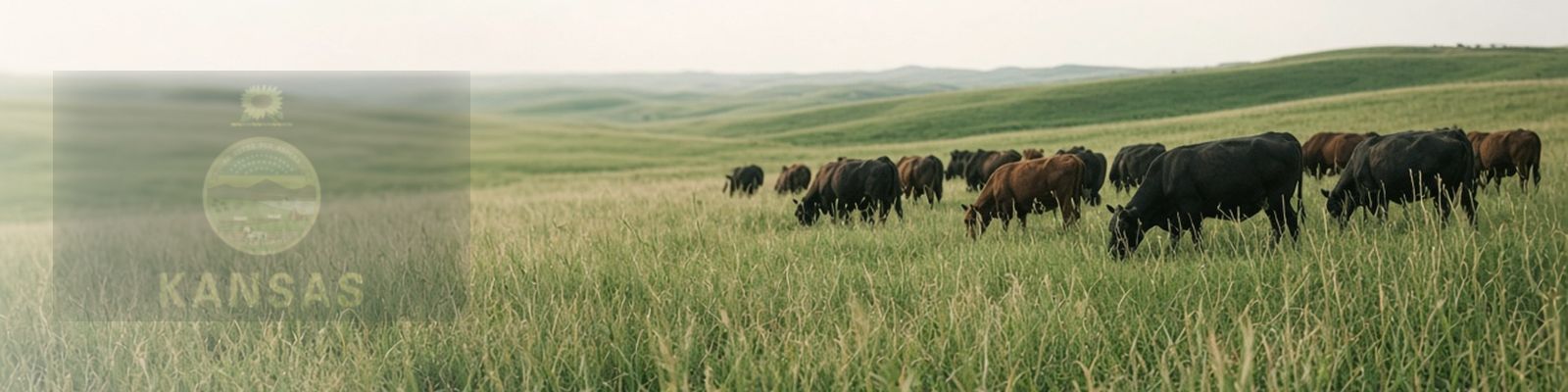 Faded Kansas flag beside cattle grazing tallgrass prairie in the Flint Hills.