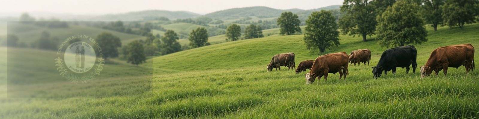 Faded Kentucky flag beside cattle grazing lush Bluegrass pasture.