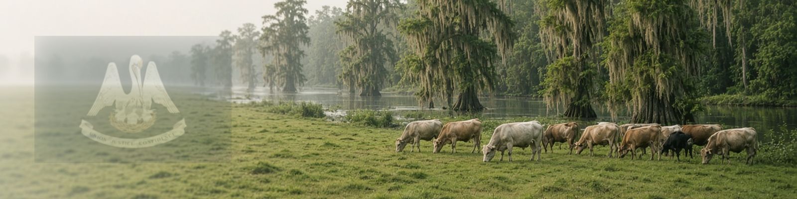 Faded Louisiana flag beside cattle grazing a bayou pasture with cypress trees.