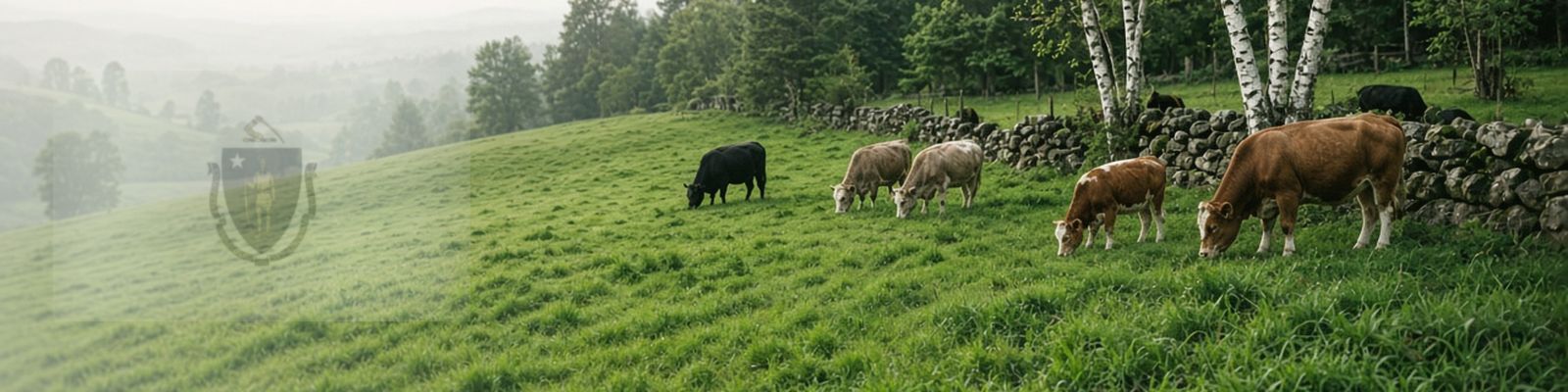 Faded Massachusetts flag beside cattle grazing a hillside pasture with stone walls and birches.