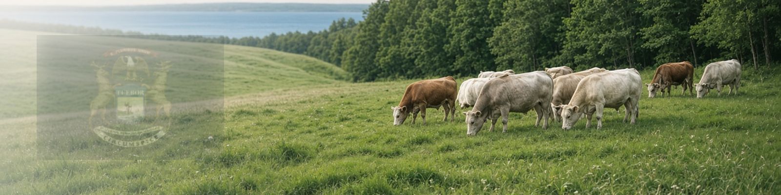 Faded Michigan flag beside cattle grazing a pasture beside hardwood forest.