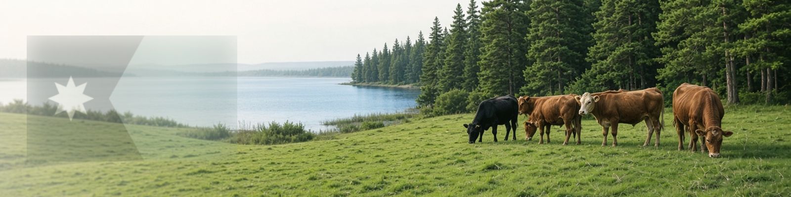 Faded Minnesota flag beside cattle grazing a pasture beside pine woods and a lake.