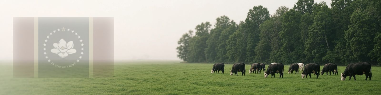 Faded Mississippi flag beside cattle grazing a flat Delta pasture with hardwoods.