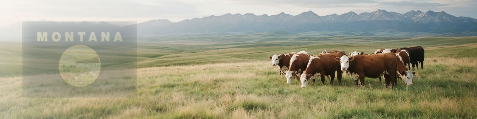 Faded Montana flag beside cattle grazing open range under a big sky.