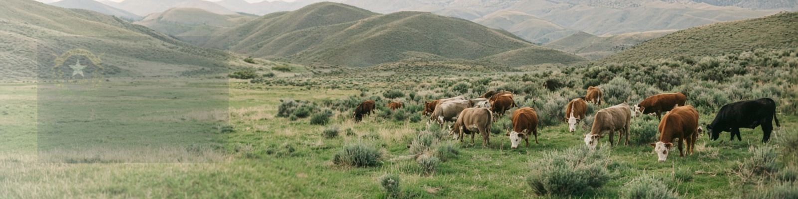 Faded Nevada flag beside cattle grazing a high valley pasture below desert mountains.