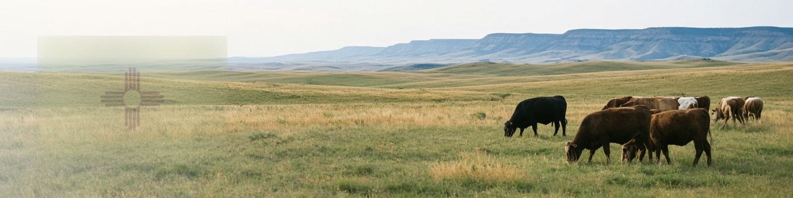 Faded New Mexico flag beside cattle grazing a high plains grassland with distant mesas.