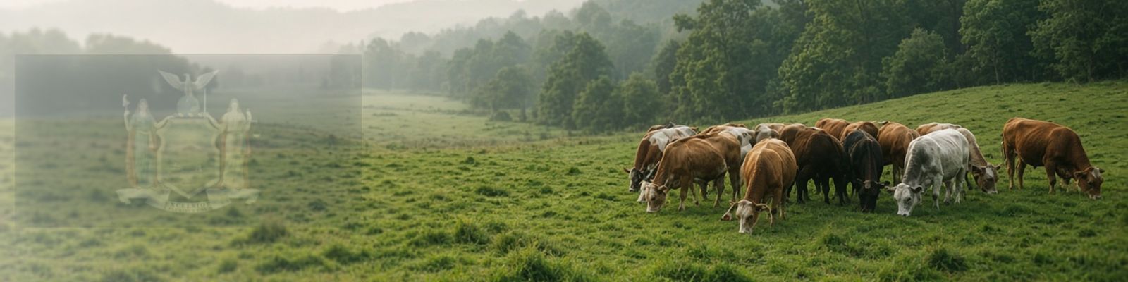 Faded New York flag beside cattle grazing a rolling Hudson Valley pasture.