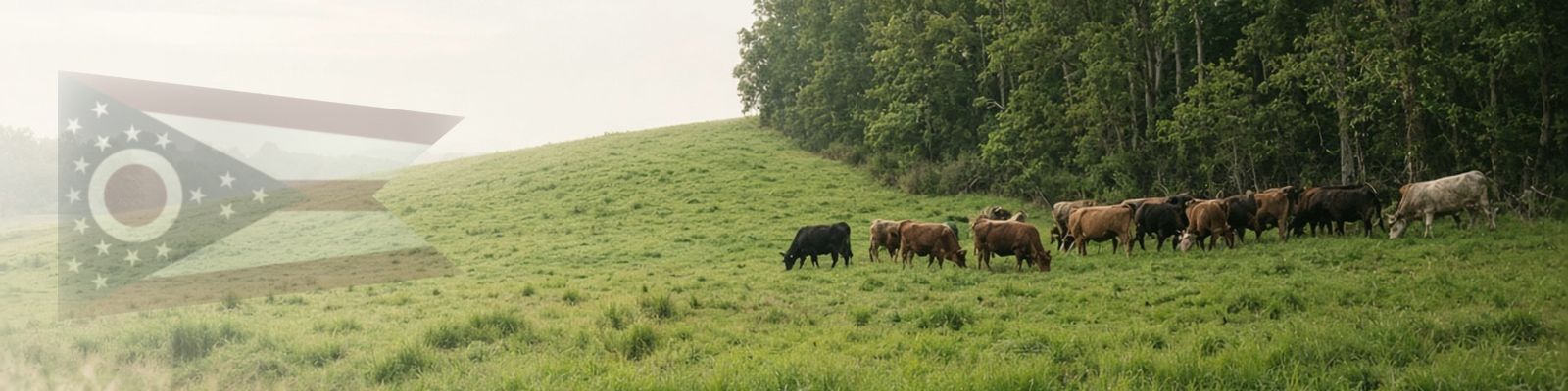 Faded Ohio flag beside cattle grazing a rolling pasture beside woodland.