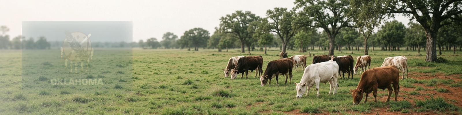 Faded Oklahoma flag beside cattle grazing a prairie pasture with scattered post oaks.