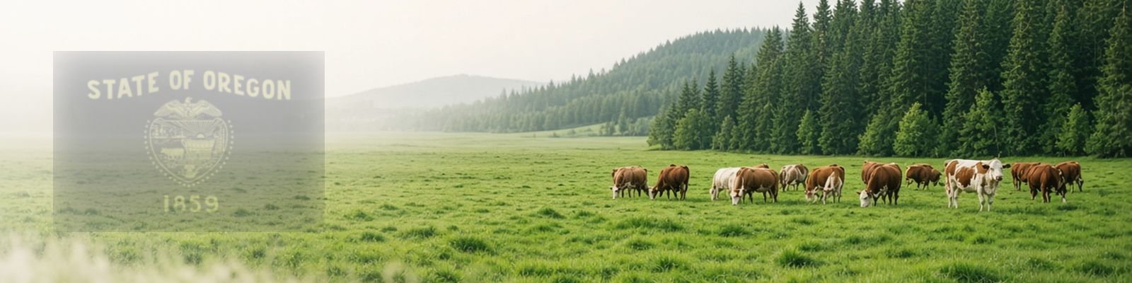 Faded Oregon flag beside cattle grazing a lush valley pasture below fir forests.