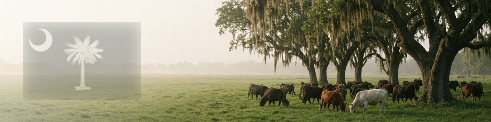 Faded South Carolina flag beside cattle grazing a Lowcountry pasture under moss-draped live oaks.