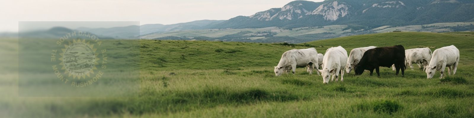 Faded South Dakota flag beside cattle grazing rolling prairie with rocky hills on the horizon.