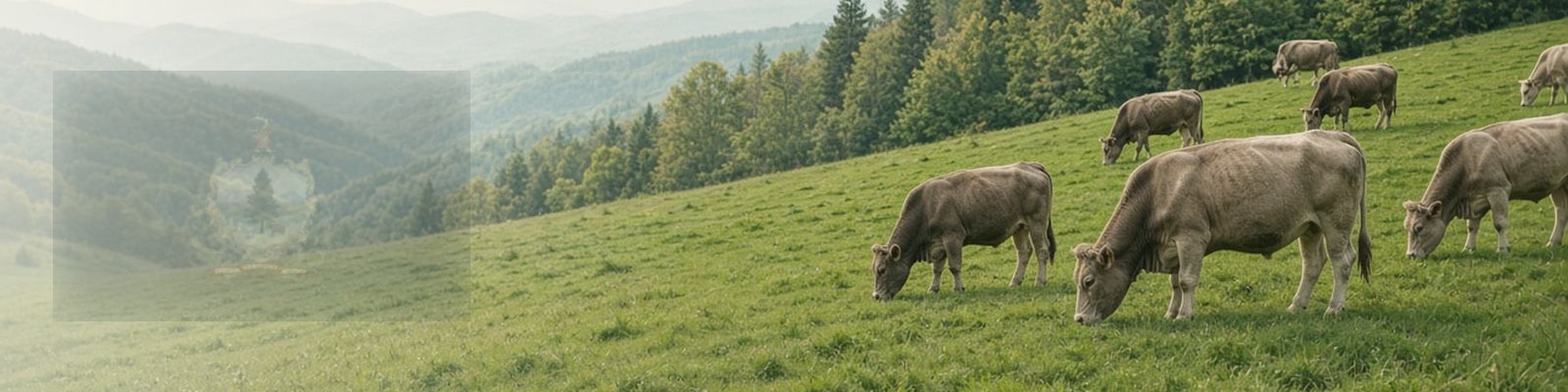 Faded Vermont flag beside cattle grazing a hillside pasture below the Green Mountains.