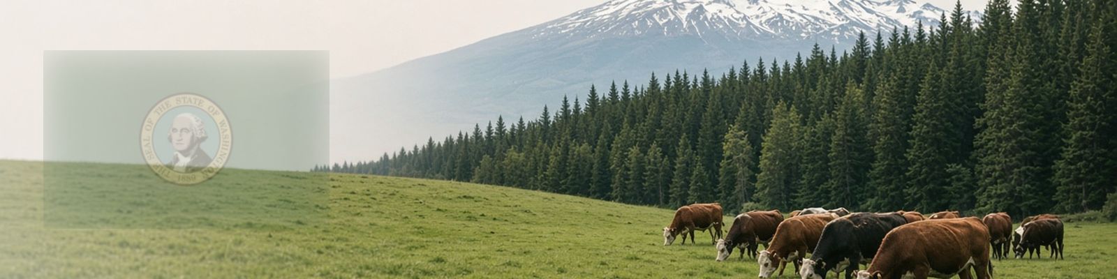 Faded Washington flag beside cattle grazing a pasture below a snowcapped Cascade peak.