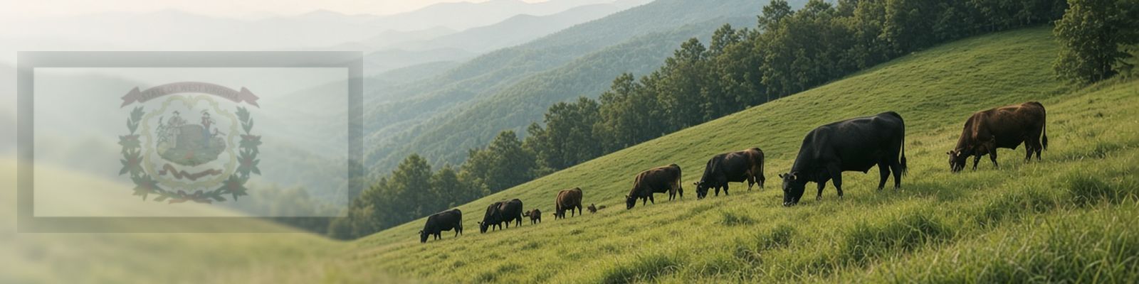 Faded West Virginia flag beside cattle grazing a green Appalachian hillside pasture.