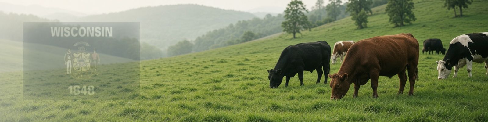 Faded Wisconsin flag beside cattle grazing a rolling pasture in the Driftless hills.