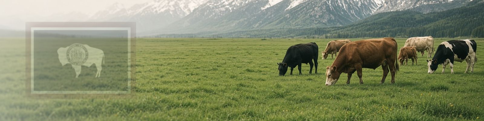 Faded Wyoming flag beside cattle grazing open range below the Teton Range.
