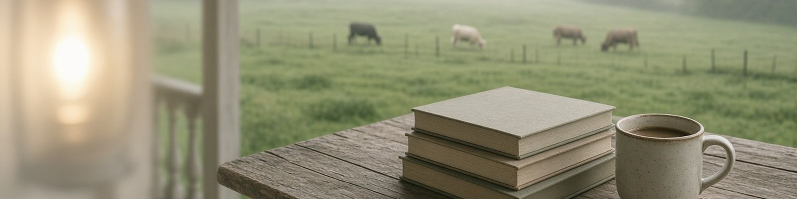 A stack of books and a mug of coffee on a porch table overlooking a misty pasture.
