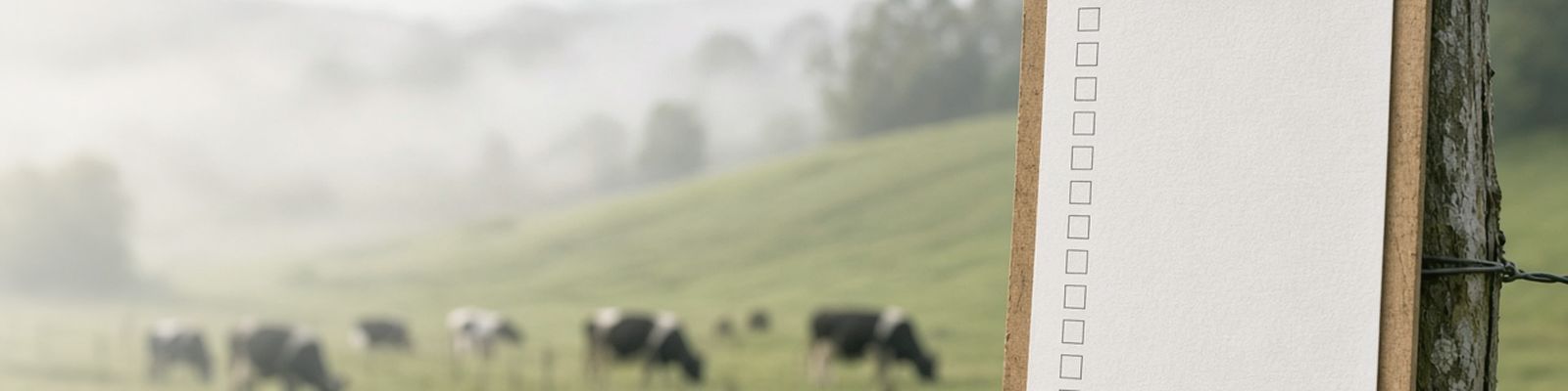 A clipboard with a blank checklist on a fence post in front of a misty pasture with cattle.