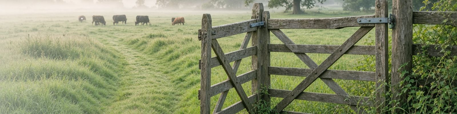 An open wooden gate leading into a green pasture with grazing cattle at sunrise.