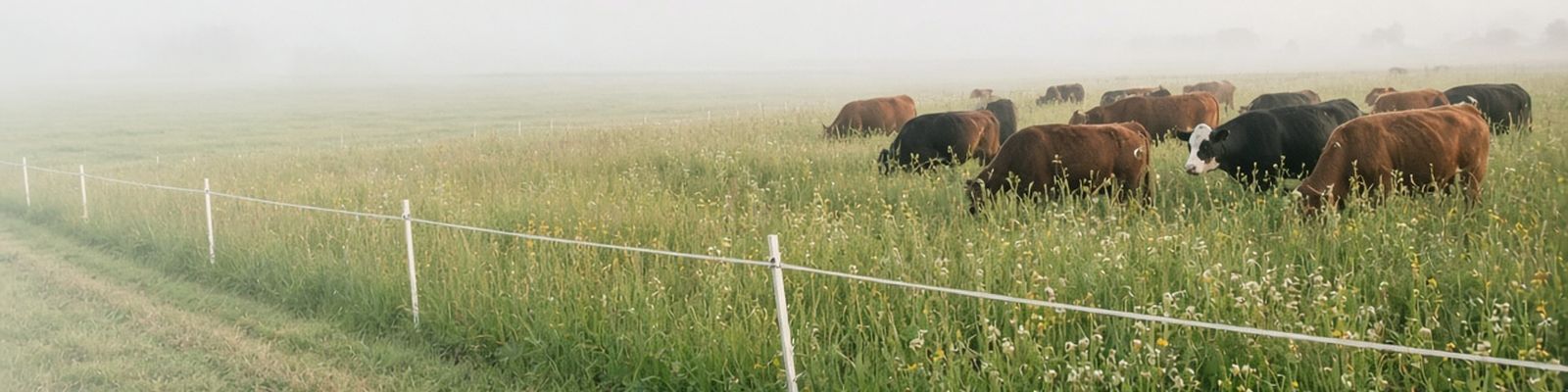 Cattle grazing tall pasture with clover beside a temporary electric fence in morning mist.