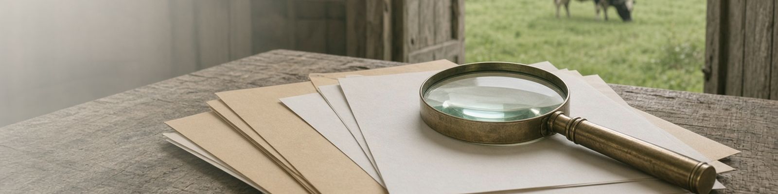 A magnifying glass on a stack of papers inside an open barn door, with cattle in the pasture beyond.